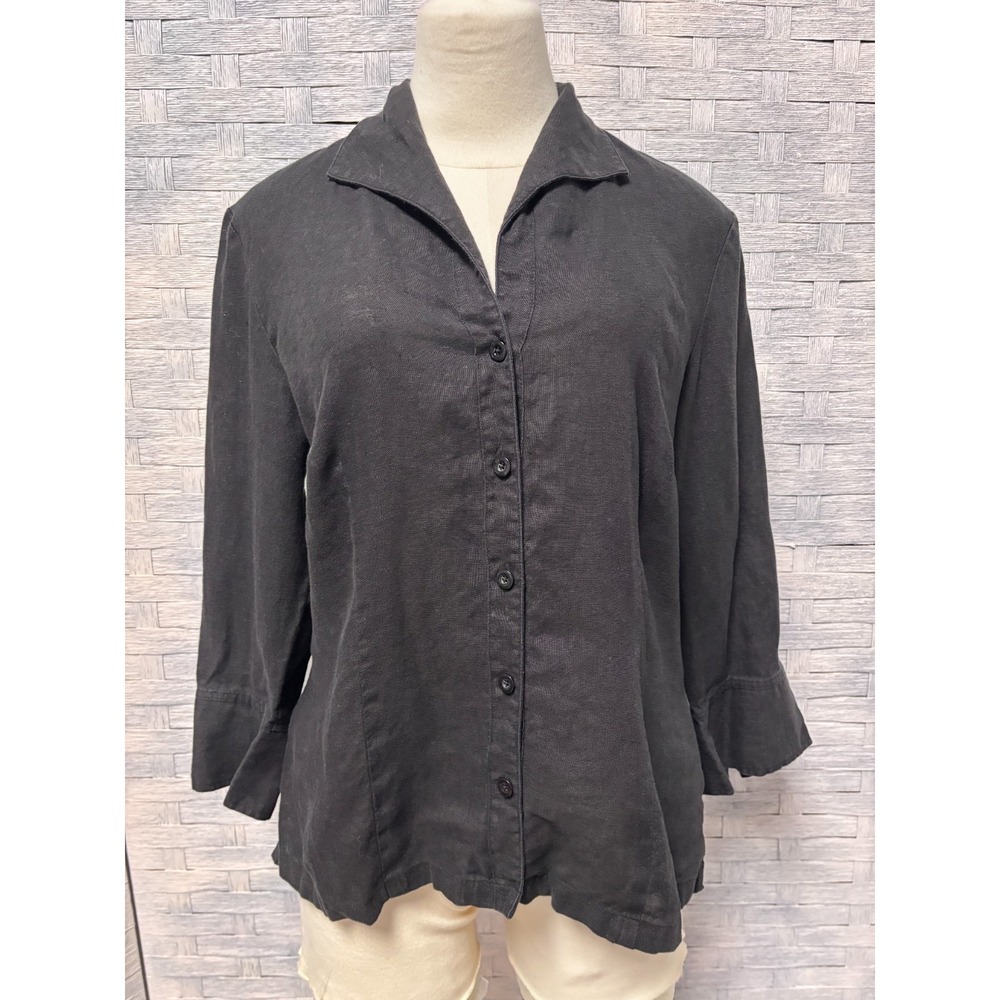Talbots Womens 14 Irish Linen Button Down‎ Shirt Black Long Sleeve Blouse Career